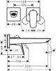 Hansgrohe-Waschtischmischer mit einem langen Auslauf, gezeichnet in Seitenansicht und Vorderansicht. Maße und Details zu Montagepositionen sind angegeben.